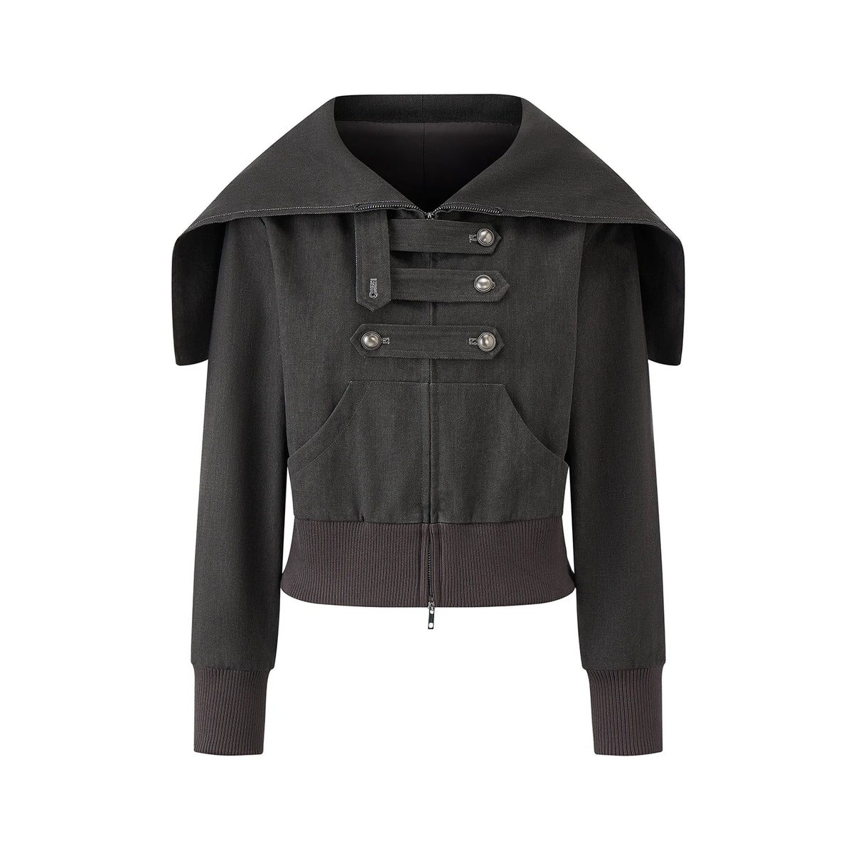 EZEK | Cropped Hooded Sweatshirt Jacket with Double Metal Snap Closure (Black / Gray)