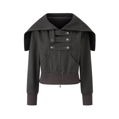 EZEK | Cropped Hooded Sweatshirt Jacket with Double Metal Snap Closure (Black / Gray)