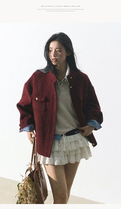 OAKMOO/ "Plum Blossom Mood" Angora Red Wool-Blend Harrington Jacket