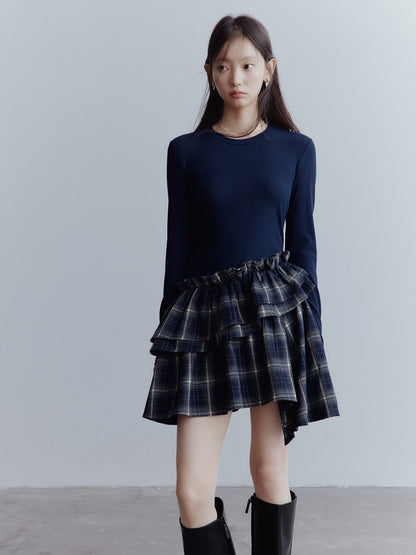 FUSSED Asymmetrical Layered Plaid Dress – Midnight Blue FOF-25AW215
