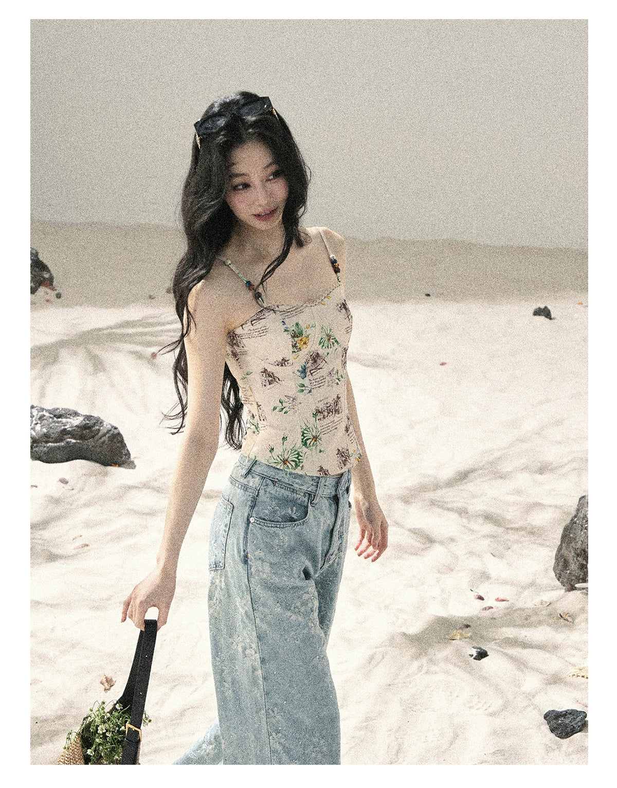 "Twinkling Starlight" Sky Blue Floral Rhinestone Wide-Leg Jeans