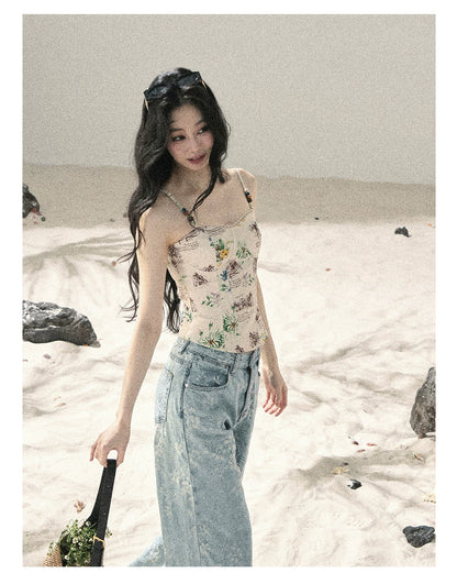 "Twinkling Starlight" Sky Blue Floral Rhinestone Wide-Leg Jeans