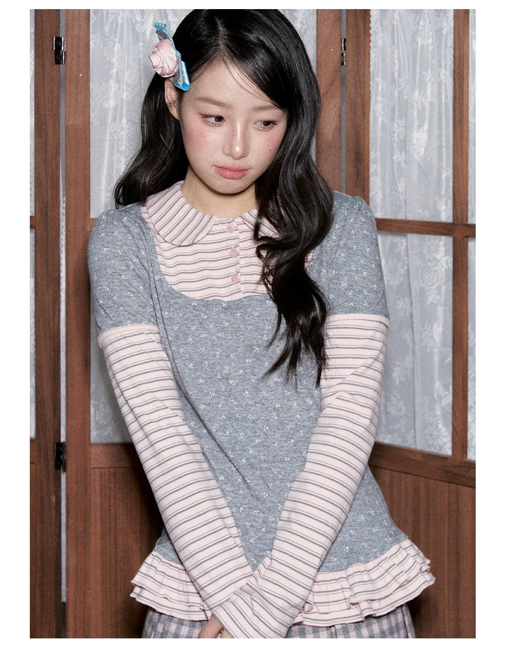 [RF] Floral Gray Pink Faux Two-Piece Striped Layered Blouse with Peter Pan Collar