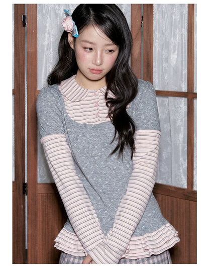 [RF] Floral Gray Pink Faux Two-Piece Striped Layered Blouse with Peter Pan Collar