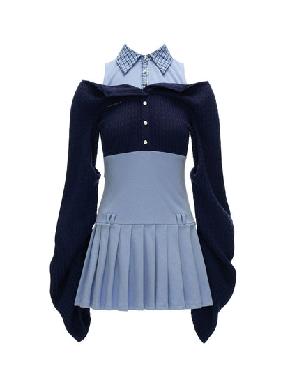 Blue Layered Collar Waist-Cinch Shirt Dress