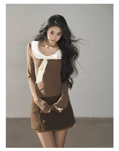 AOMALM - Gray Caramel Cropped Fitted Long Sleeve T-Shirt