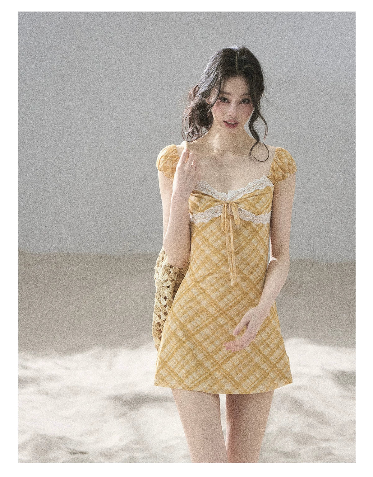 "Golden Wheat Whisper" Goose Yellow Lace Diamond Mini Dress