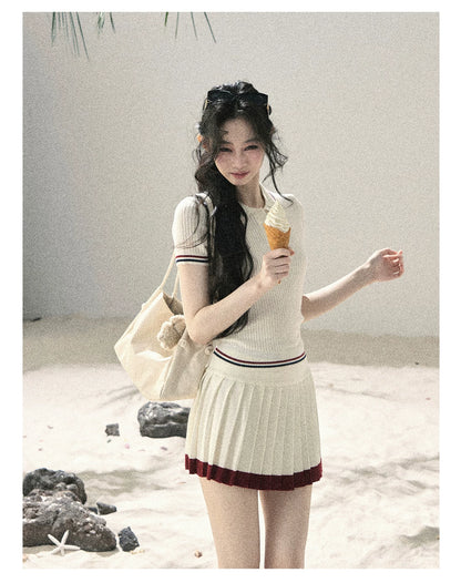 "The Softest Touch" Dutch Cream Collegiate Knit Top & Mini Skirt Set