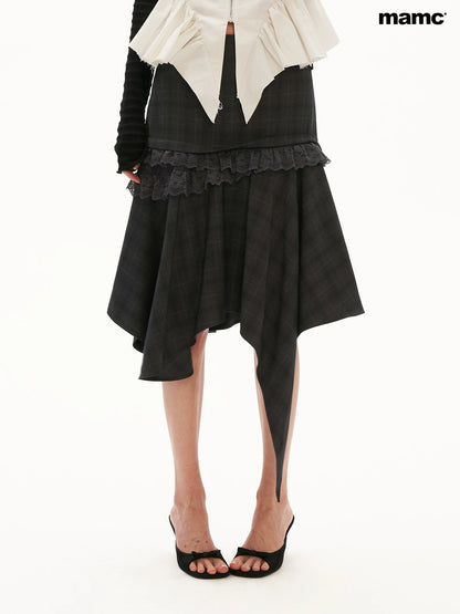 Grey Plaid Asymmetrical Lace Midi Skirt