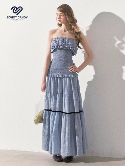 "Twilight Verses" Misty Blue Smocked Ruffle Maxi Dress