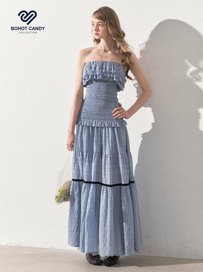 "Twilight Verses" Misty Blue Smocked Ruffle Maxi Dress