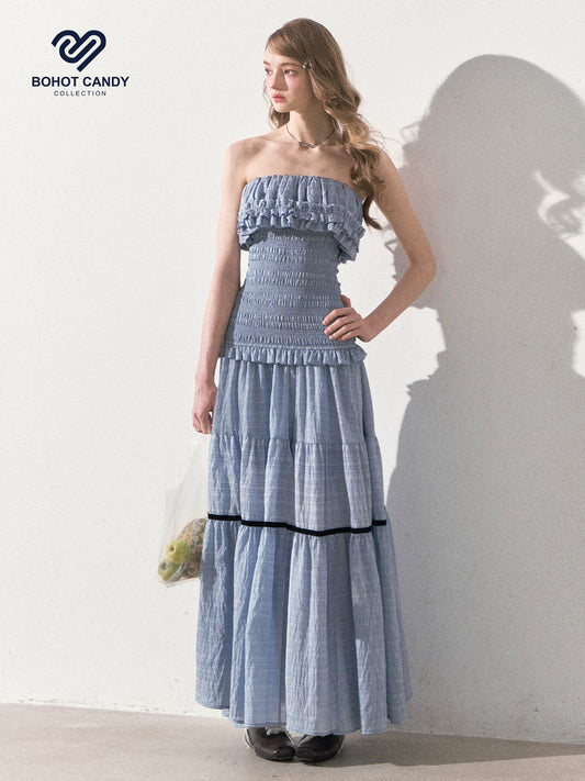 "Twilight Verses" Misty Blue Smocked Ruffle Maxi Dress
