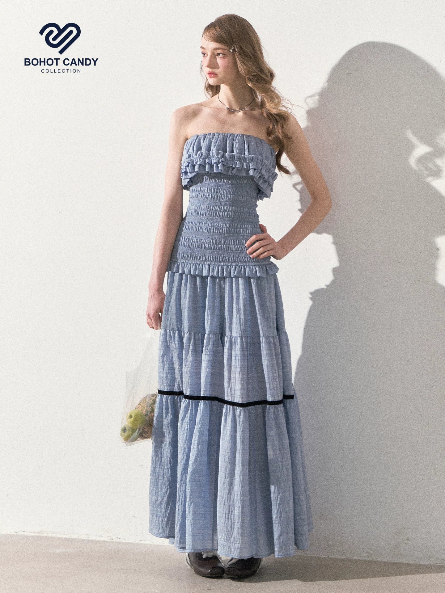 "Twilight Verses" Misty Blue Smocked Ruffle Maxi Dress