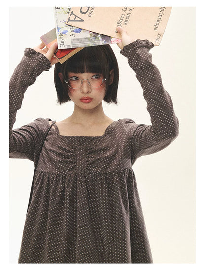 "Sweet Favorite" Polka Dot Faux-Layer Bow Knit Top (Gray Brown/ Blush Pink)