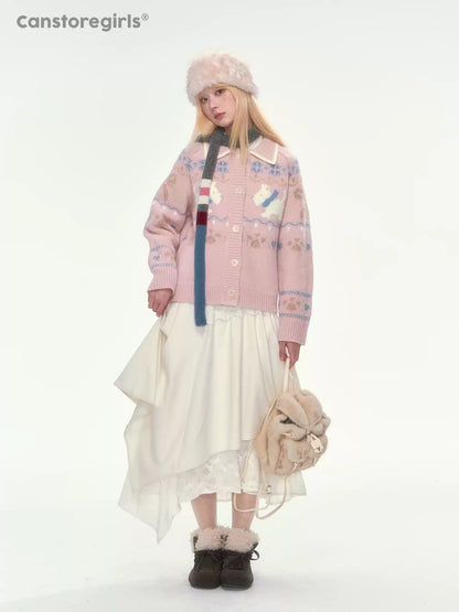 [CAN] Puppy Fair Isle Knit Sweater & Skirt Set (Gray / Pink)