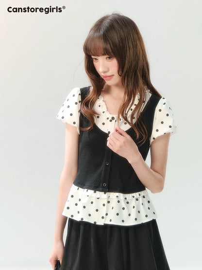 "Black Tea & Cream" Polka Dot Two-Piece Skirt Set SH2026202