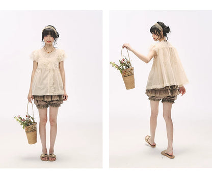 "Apricot Blossom Letter" Oatmeal Lace Patchwork Short Sleeve Blouse