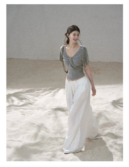 "Moonlight on Water" Twist-Front Cropped T-Shirt (Silver Mink Gray/ Mist Blue)