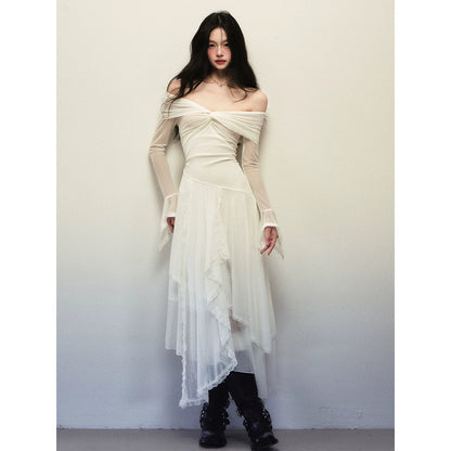 1P - White Off-Shoulder Asymmetrical Mesh Maxi Dress