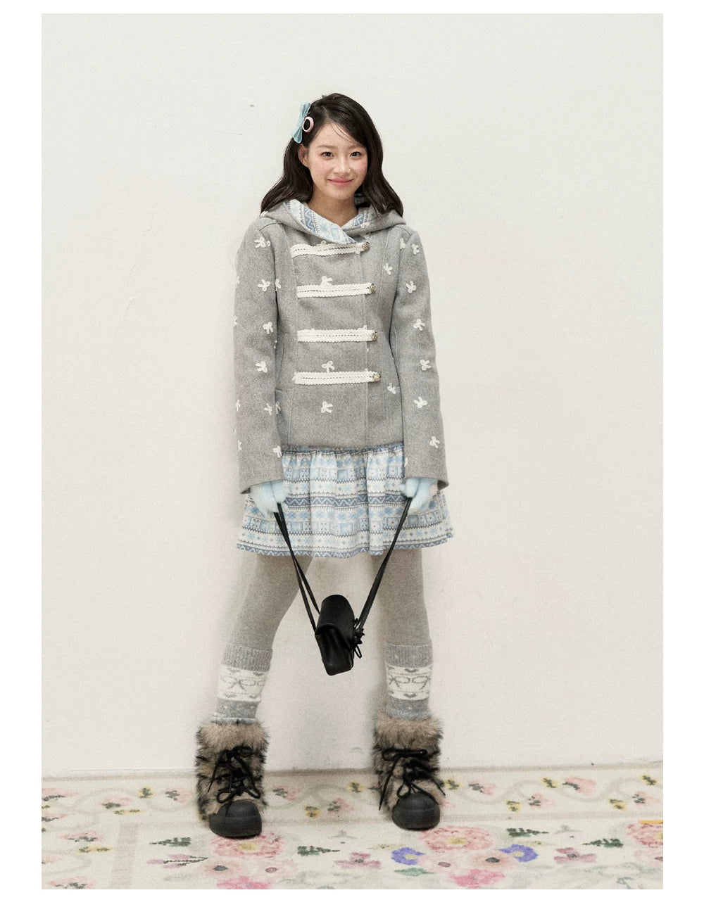 [RF] Heather Gray Vintage Jacquard Hooded Jacket with Frost Mist Blue Details