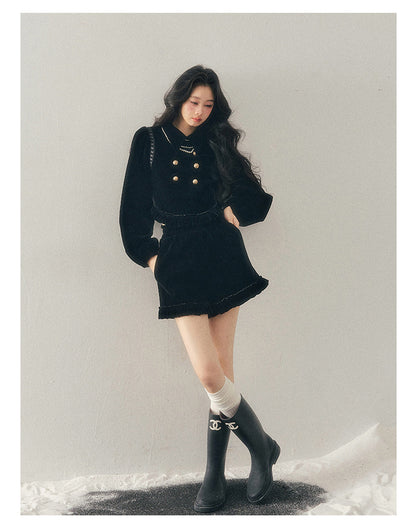 少也眼 “The Seventh Nocturne” Black Velvet French-Style Jacket & Shorts Set