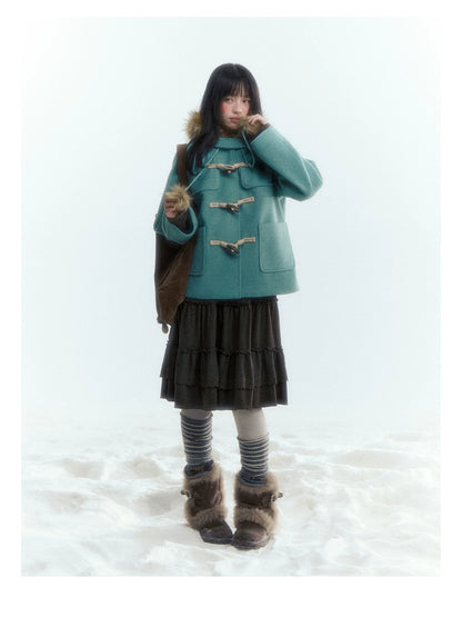 Horridale - Preppy Hooded Wool-Blend Duffle Coat with Pom-Pom Details – Blue Green