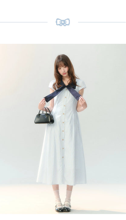 "Academy Breeze Letter" White Stripe Contrast Collar Dress