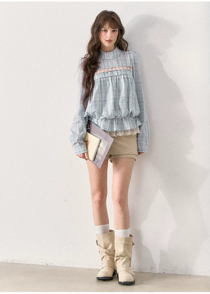 [TMMG] French Vintage Plaid Lace Ruffle Blouse (Blue Plaid)