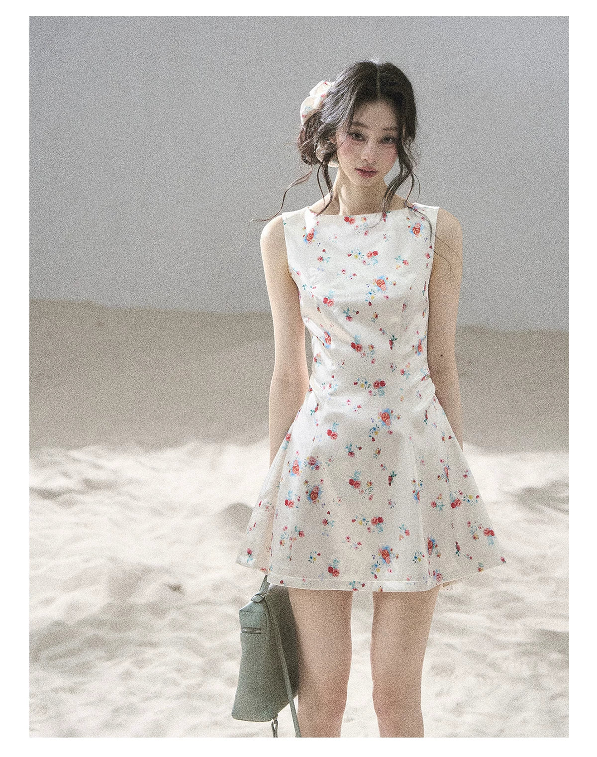 "Where Every Bloom Begins" Dutch Cream Floral Satin Puff Mini Dress (With Matching Scrunchie)