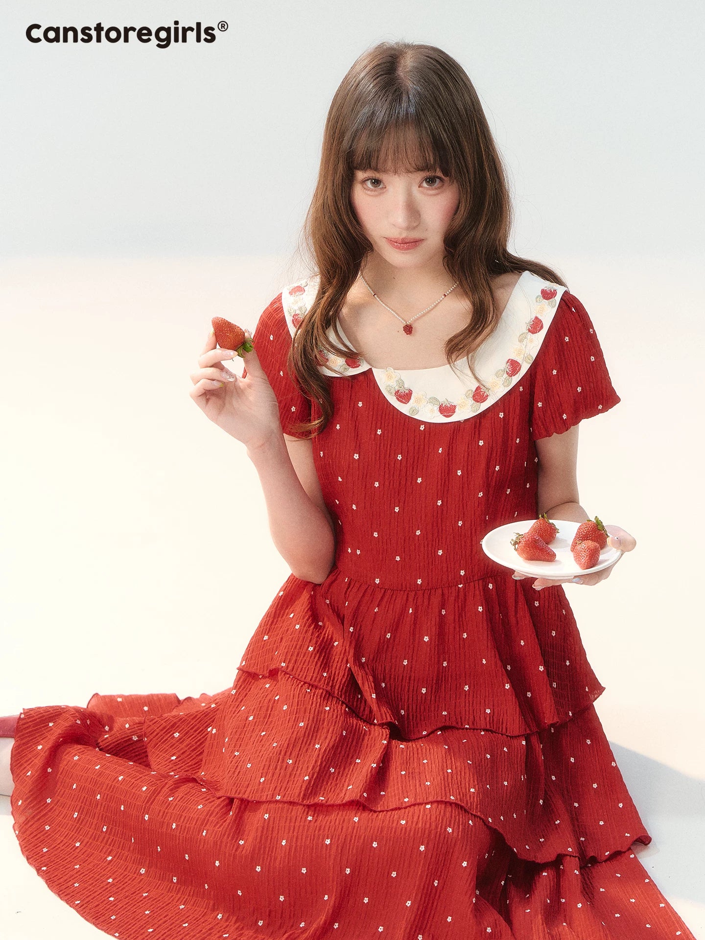 "Strawberry Waltz Letter" Red Tiered Doll Collar Dress LL2026225