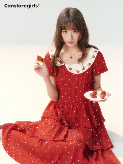 "Strawberry Waltz Letter" Red Tiered Doll Collar Dress LL2026225