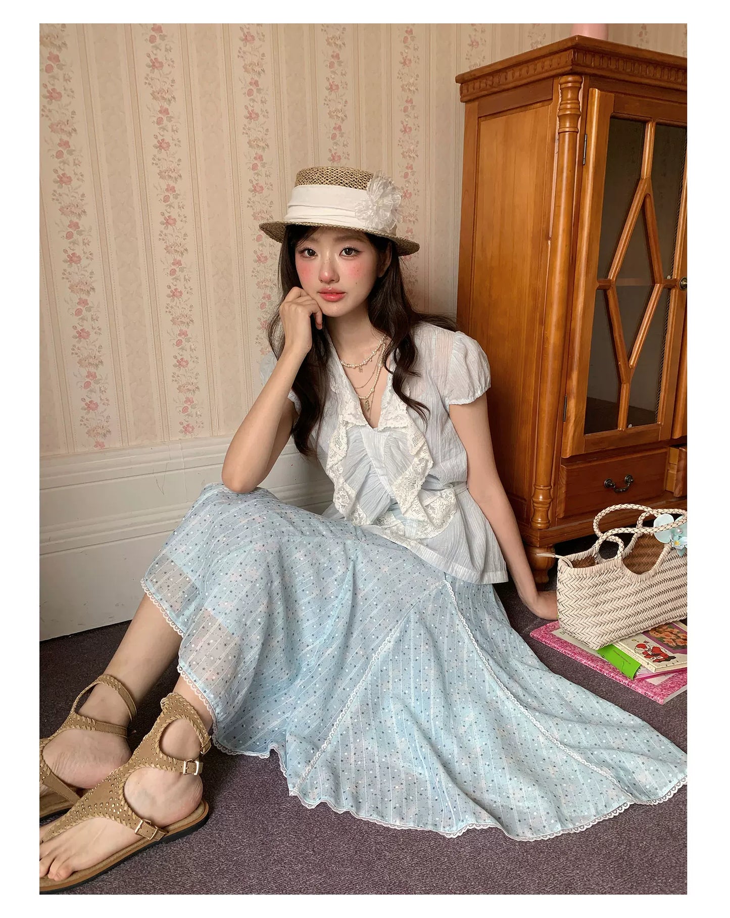 “Blue Berry Stardust” Blue Floral Polka Dot Skirt