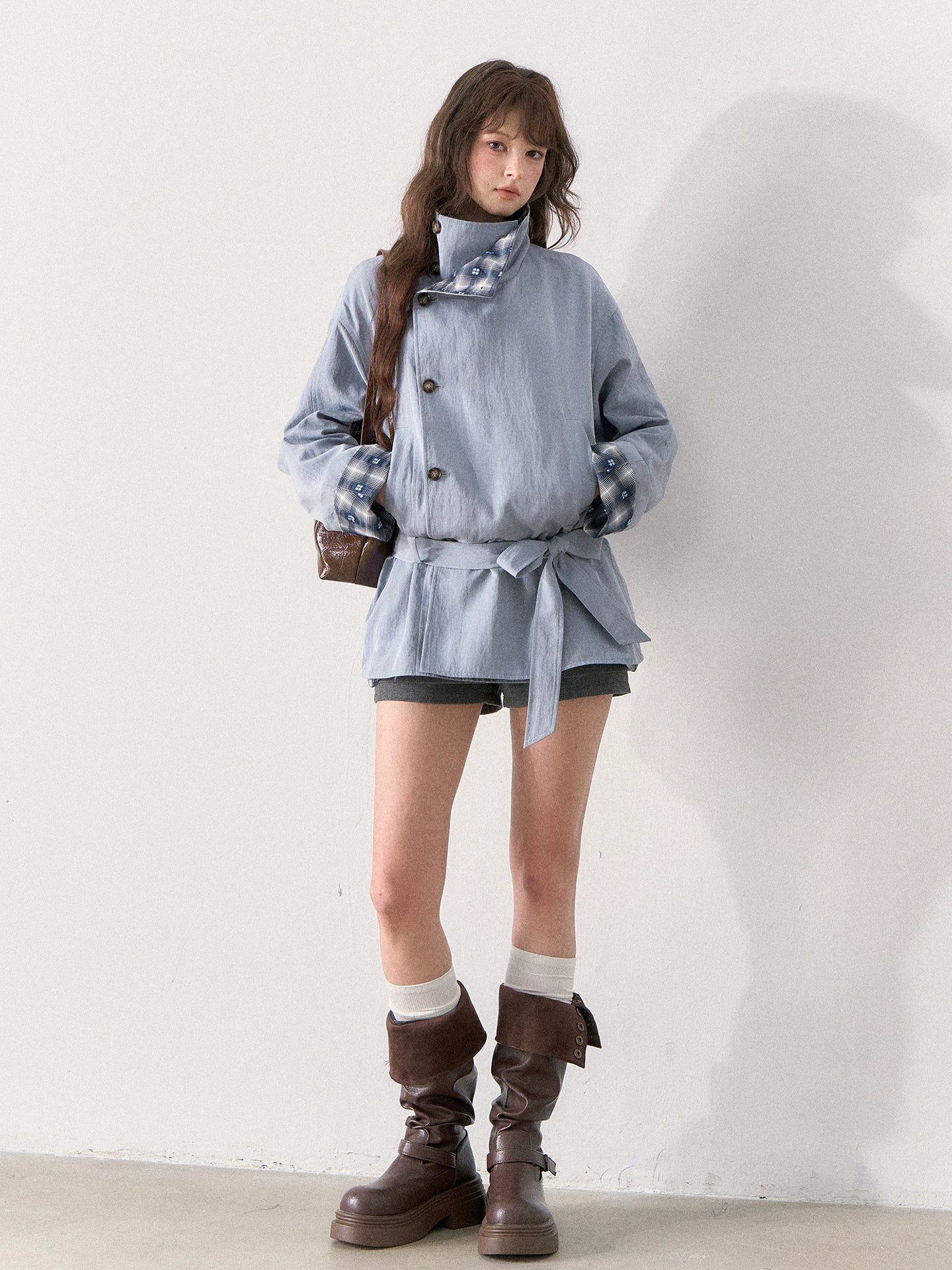 [TMMG] French Stand Collar Reversible Plaid Waist-Cinched Trench Coat (Morning Mist Blue)
