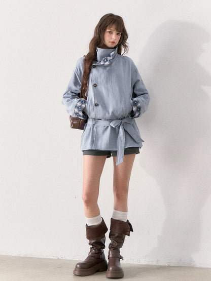 [TMMG] French Stand Collar Reversible Plaid Waist-Cinched Trench Coat (Morning Mist Blue)