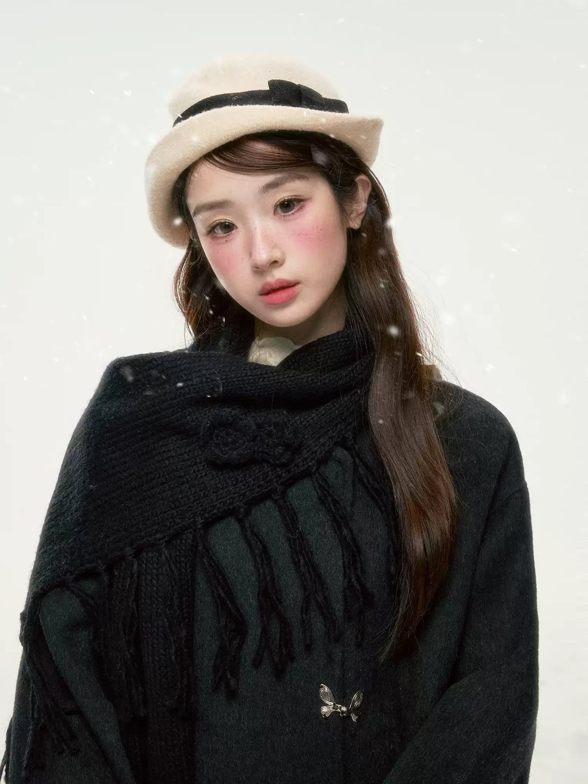 BIBIBENCY - Black Wool-Blend Coat with Detachable Scarf Collar