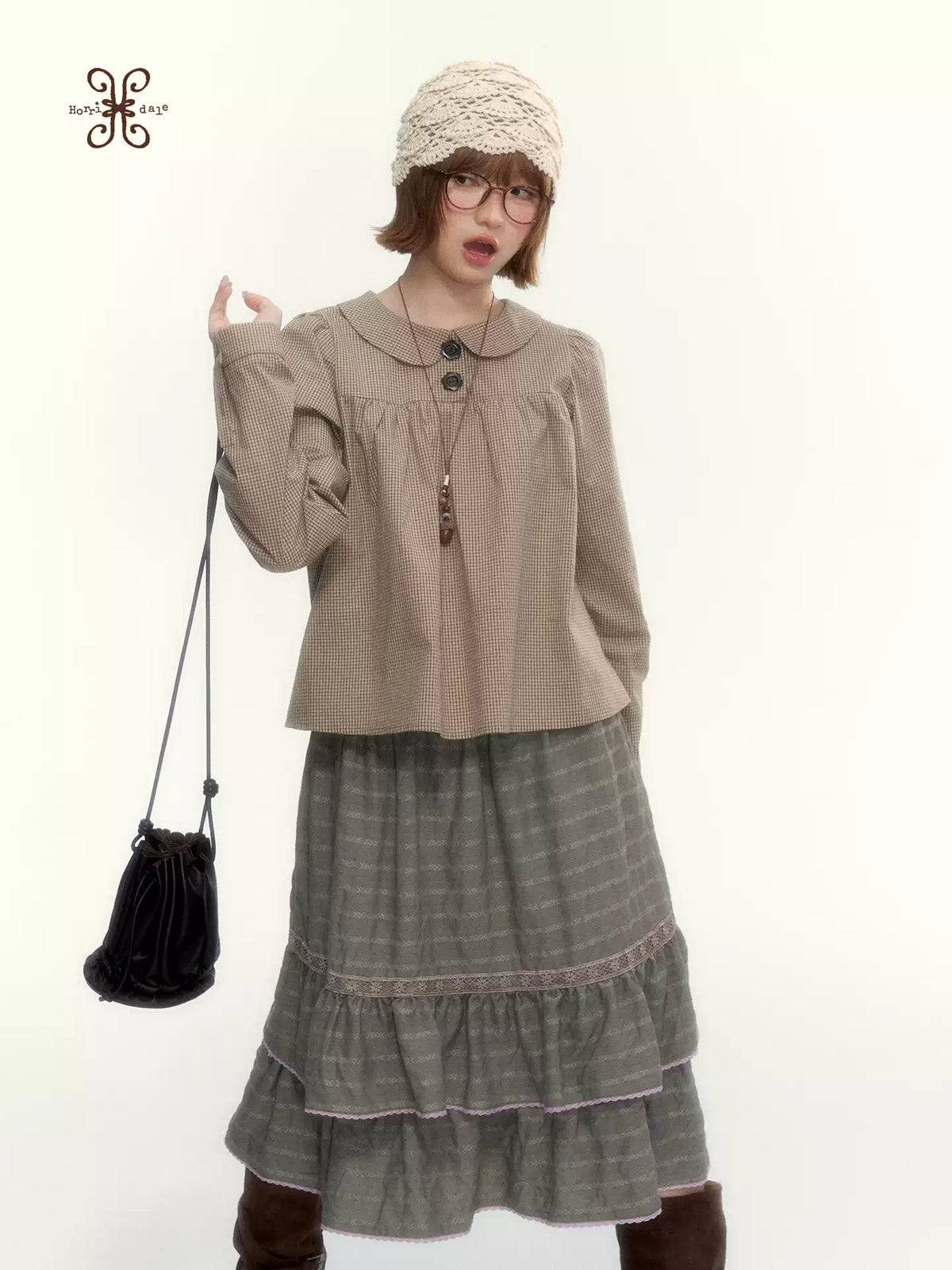 "The Vintage Darling" Light Coffee Plaid Cotton Peter Pan Collar Blouse