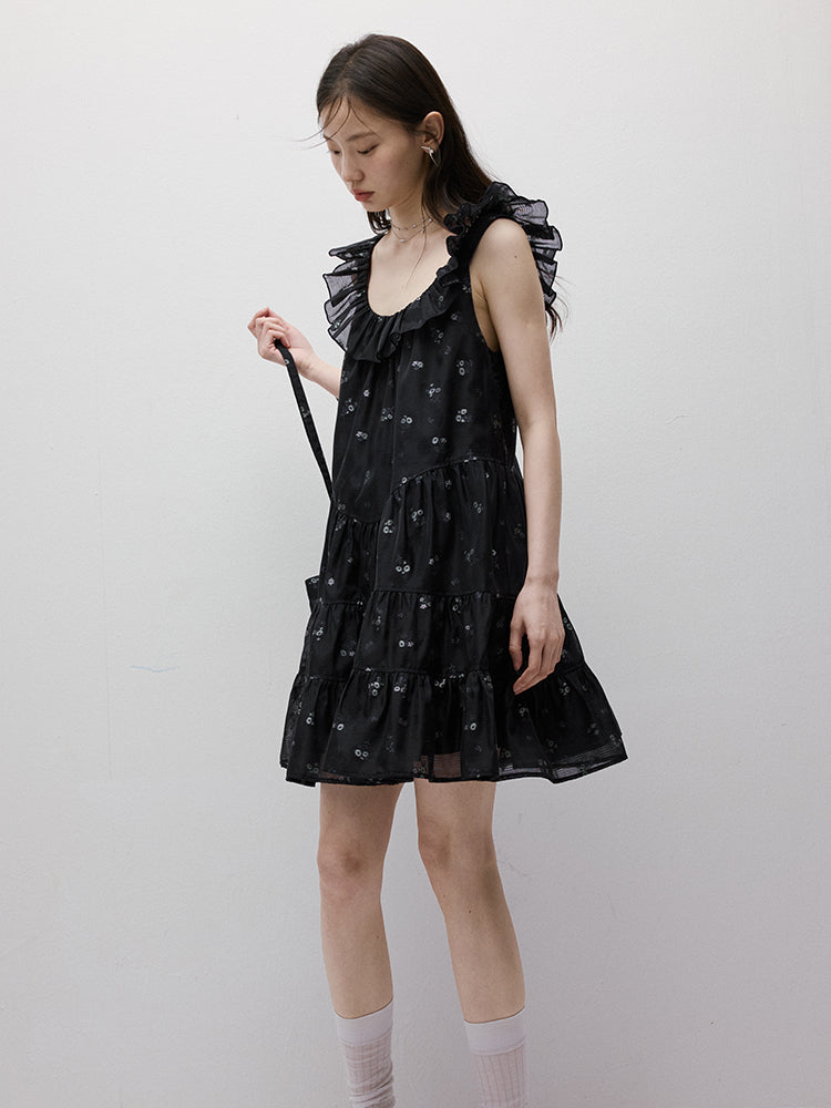 FUSSED Dropping Flora Burnout Floral Babydoll Dress – Dark Blue Short Version FOF-25SS036b