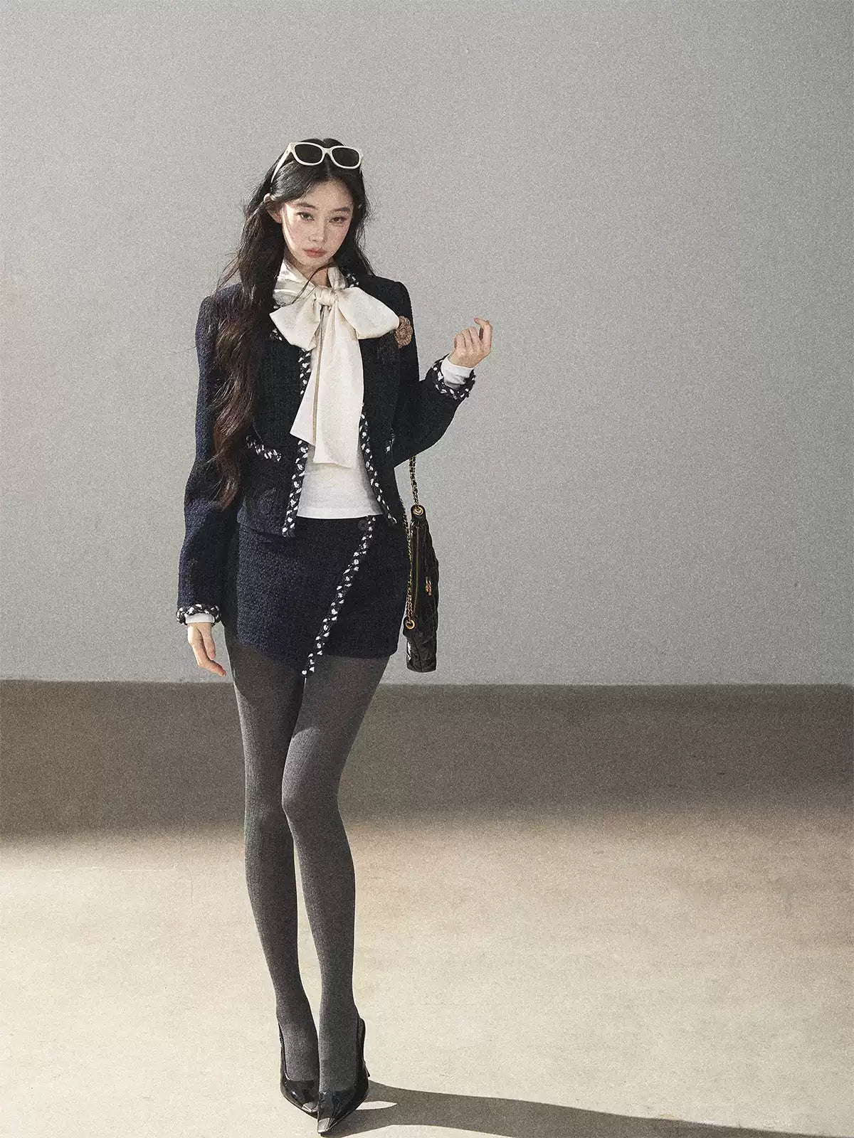 AOMALM - Navy Tweed Jacket & Skort Set with Dutch Cheese Top