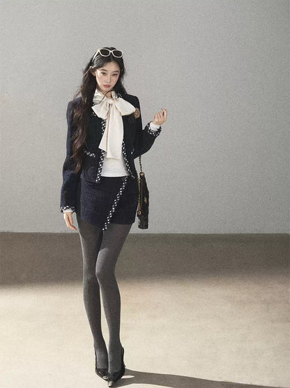 AOMALM - Navy Tweed Jacket & Skort Set with Dutch Cheese Top