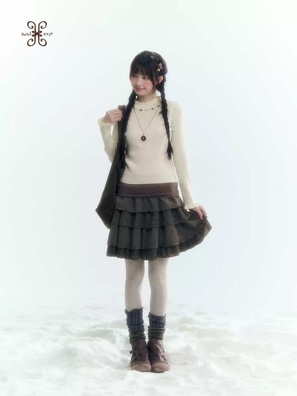 Horridale - Vintage Lace-Trimmed Knit Tiered Midi Skirt – Warm Gray Taupe