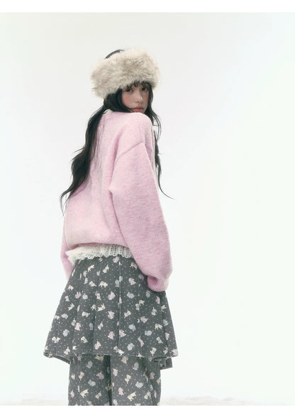 JOVYLLE - Pink Bunny Print Cotton Pants & Pleated Skirt