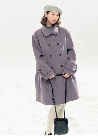 "Winter Chime" Double-Breasted Quilted Wool-Blend Coat (Smoky Purple/ Ash Gray)