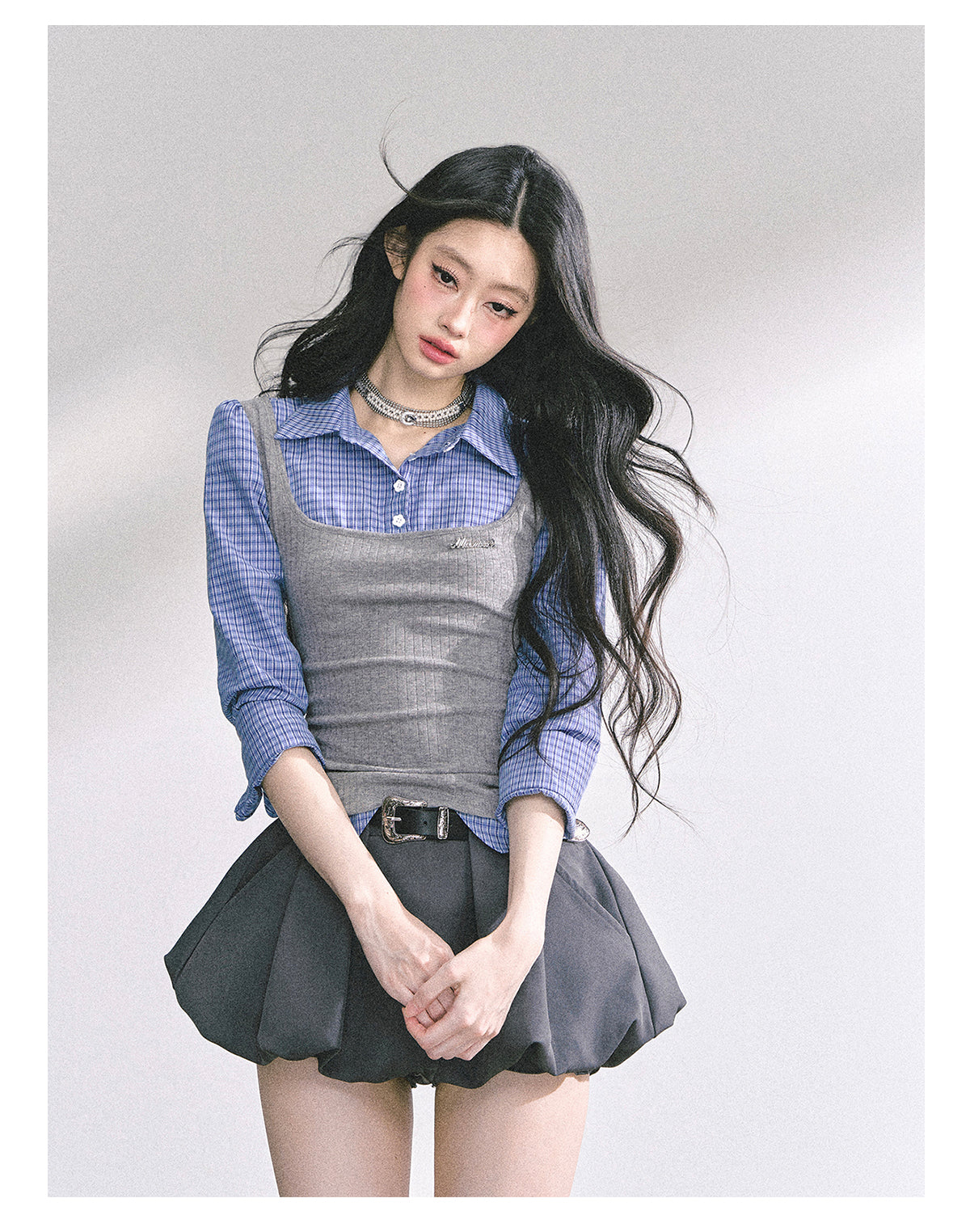 少也眼 “New York Press” Faux Two-Piece Plaid Shirt