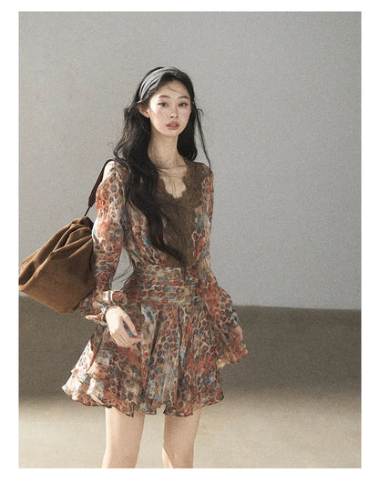 AOMALM - “Whispers of Withered Branches” Rich Cocoa French Lace Chiffon Mini Dress with Tights