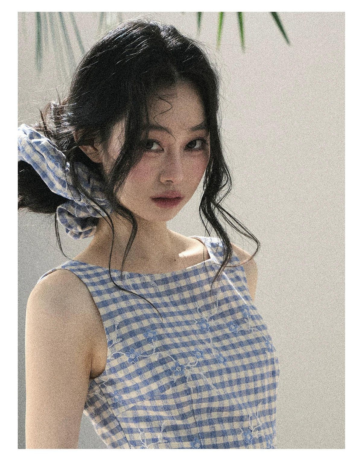 "Sea Breeze Reverie" Sky Blue Embroidered Plaid Mini Dress (With Matching Scrunchie)