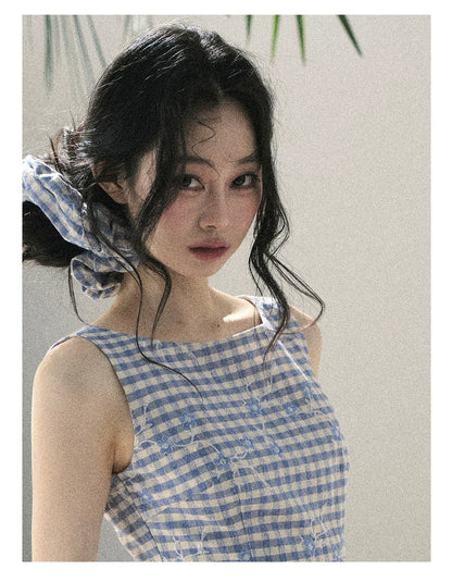 "Sea Breeze Reverie" Sky Blue Embroidered Plaid Mini Dress (With Matching Scrunchie)