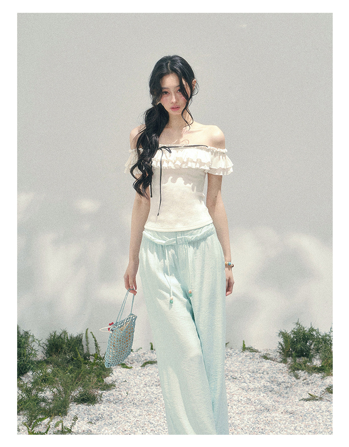 “White Pearlight” Ivory Off-Shoulder Ruffle Tee
