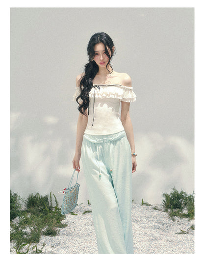 “White Pearlight” Ivory Off-Shoulder Ruffle Tee