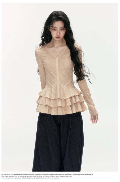 24olvides - V-Neck Lace Top with Tiered Hem (White / Khaki)