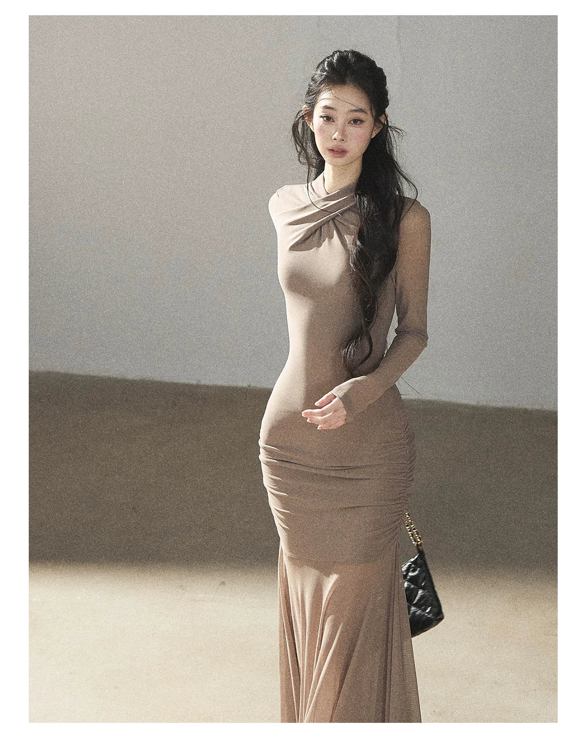 AOMALM - Milk Tea Ruched Mesh Mermaid Maxi Dress